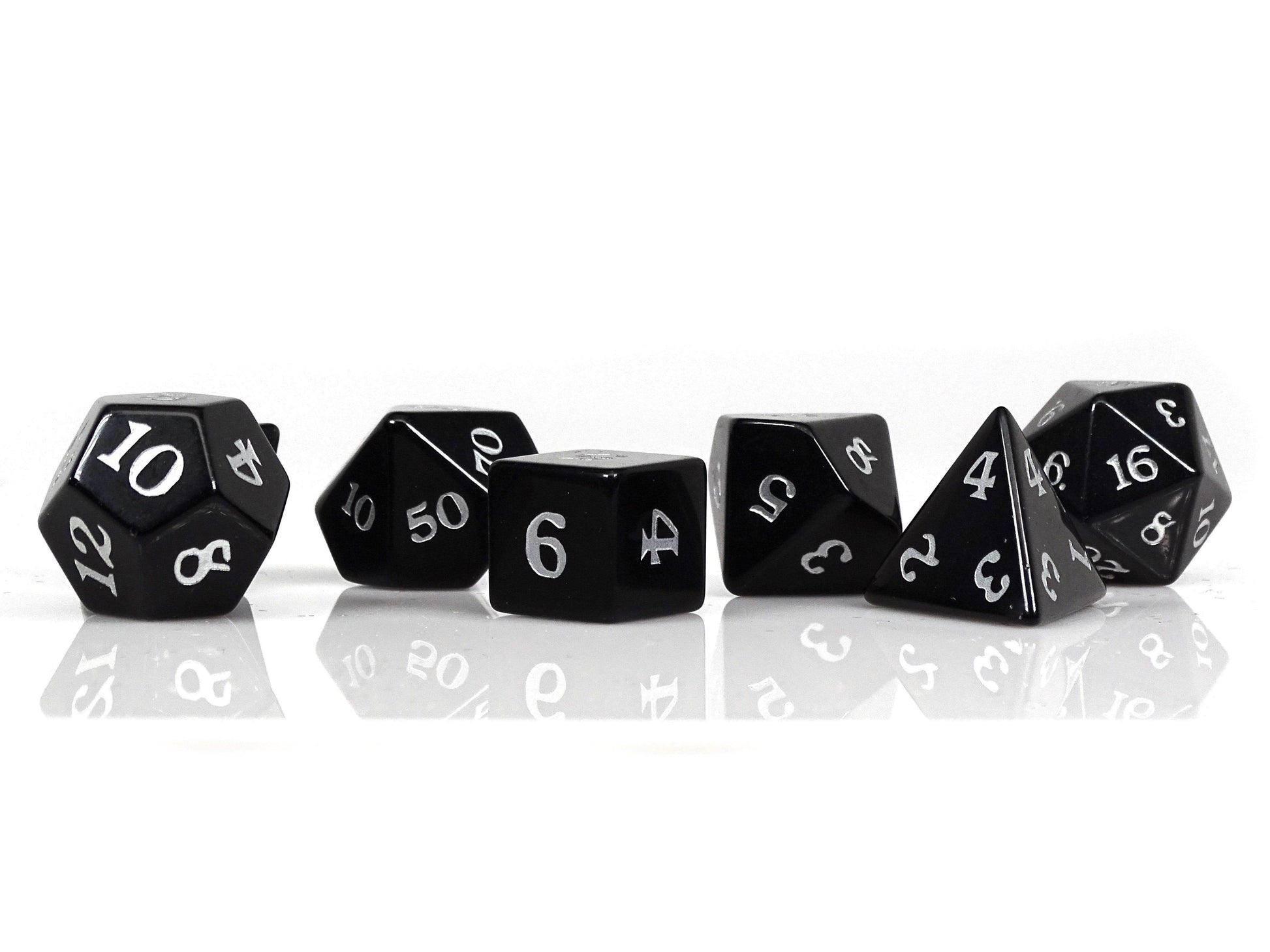 Black Obsidian Dice Set - Silver Signature Font - 