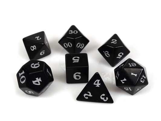 Black Obsidian Dice Set - Silver Signature Font