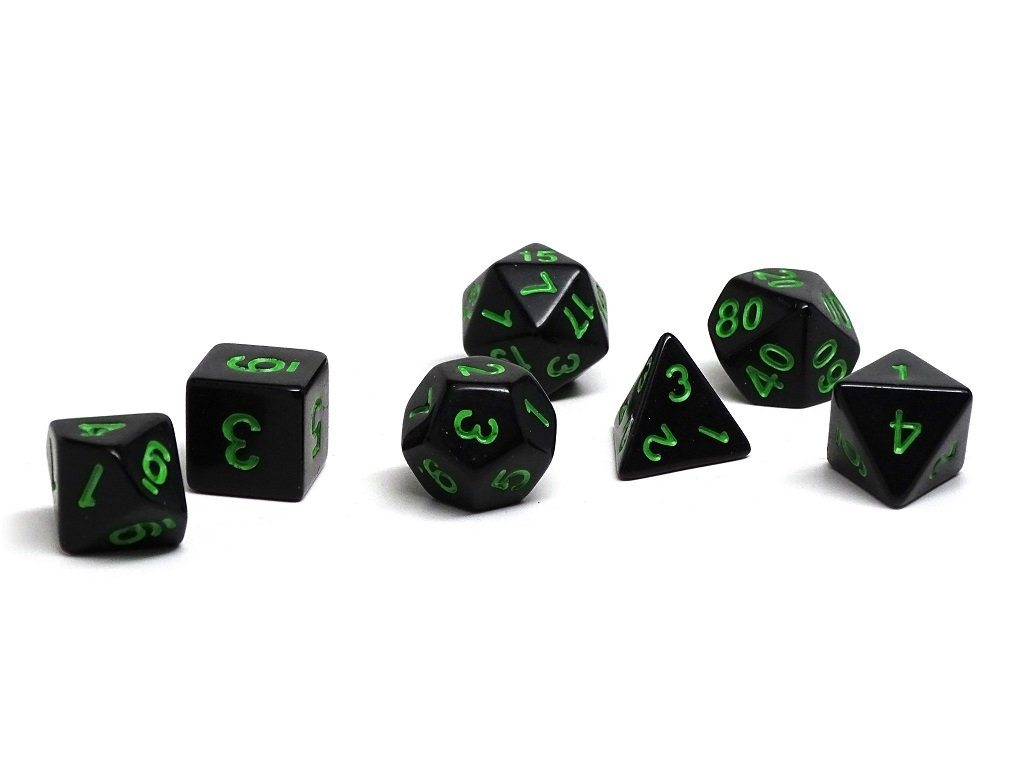 Black Opaque with Green Numbering Dice Collection - 7 Piece Set