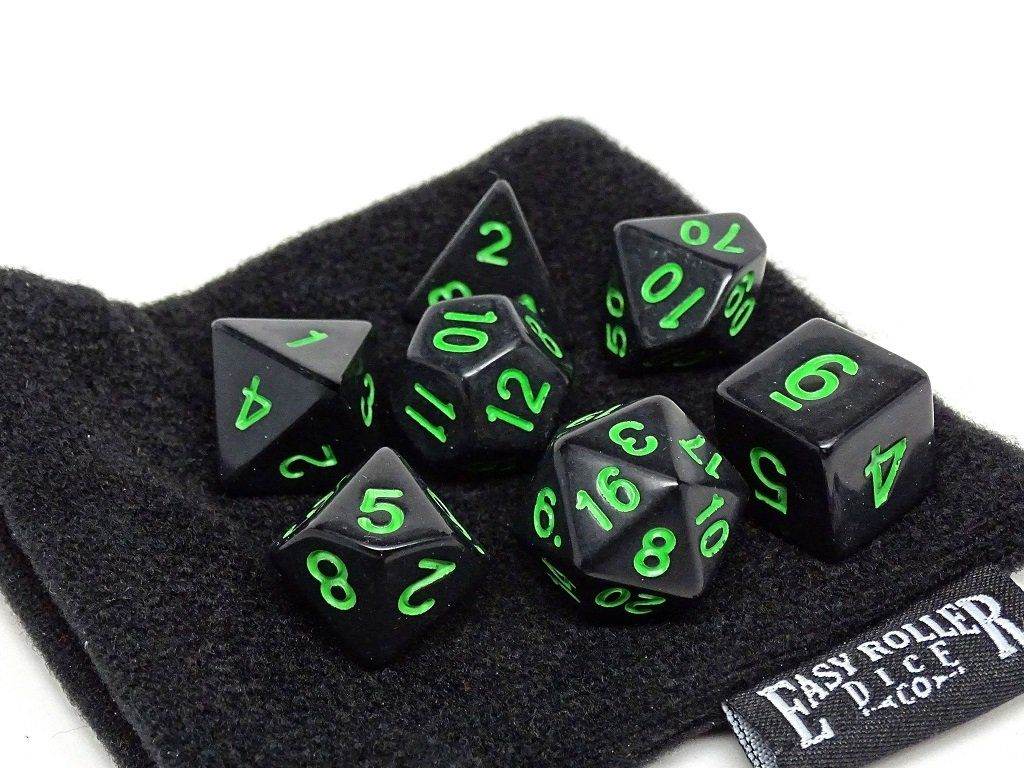 Black Opaque with Green Numbering Dice Collection - 7 Piece Set - 