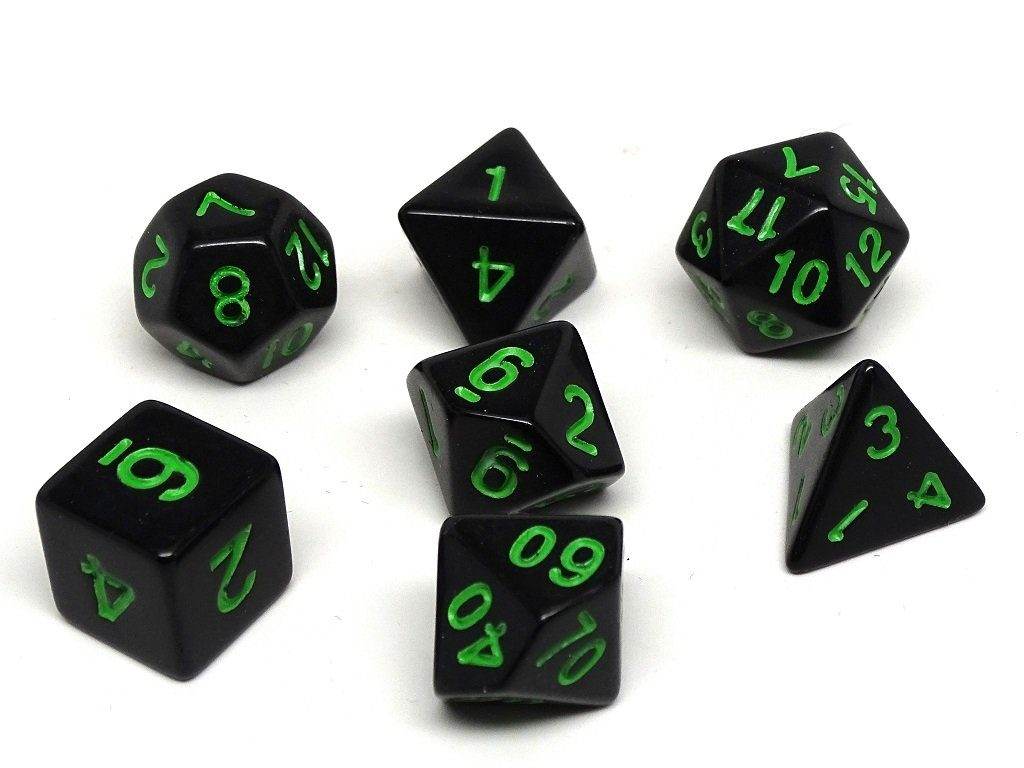 Black Opaque with Green Numbering Dice Collection - 7 Piece Set - 