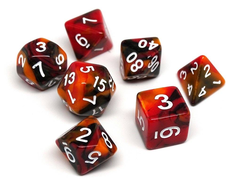 Black, Orange, and Red Marble Dice Collection - 7 Piece Set