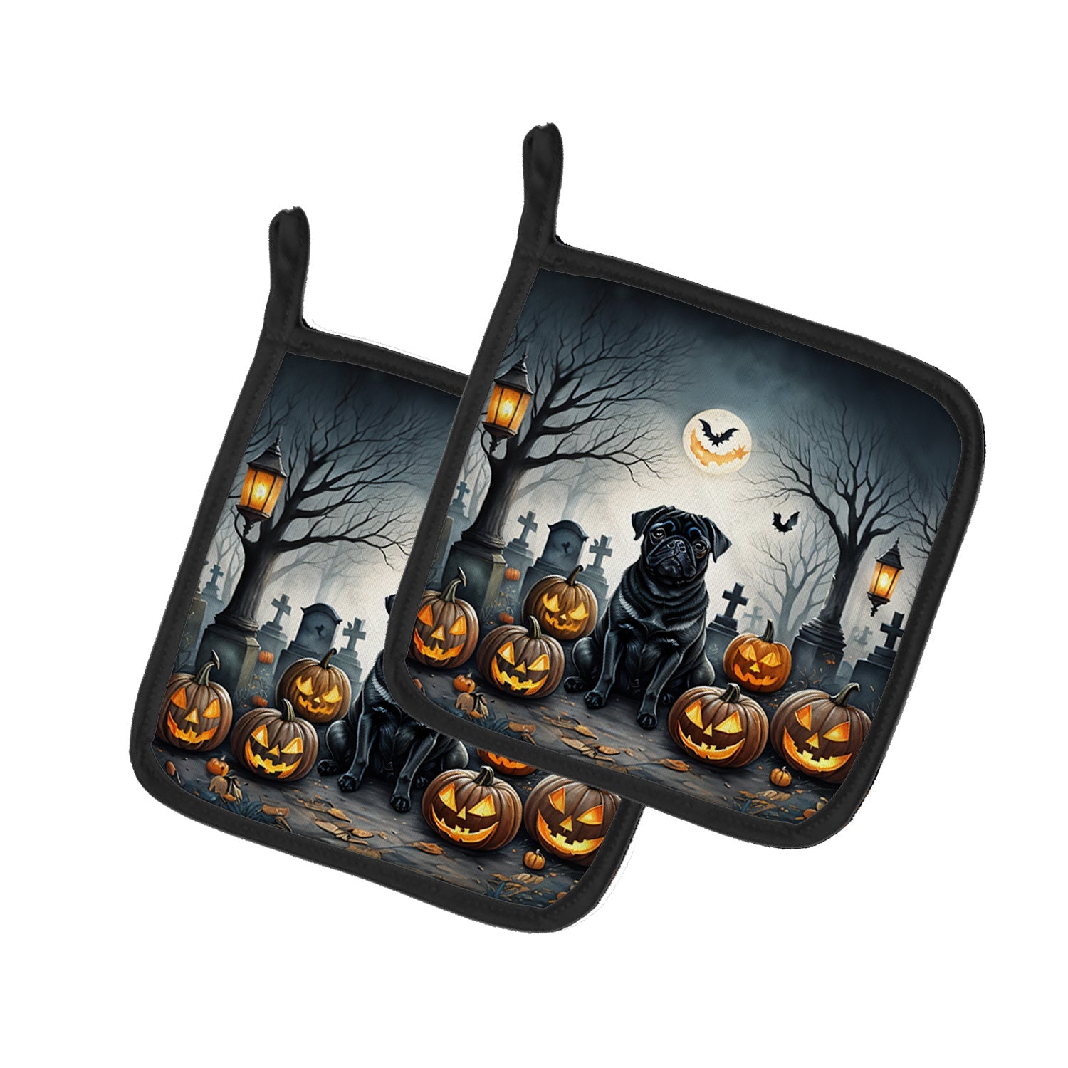 Black Pug Spooky Halloween Pair of Pot Holders Kitchen Heat Resistant Pot Holders Sets Oven Hot Pads for Cooking Baking BBQ, 7 1/2 x 7 1/2