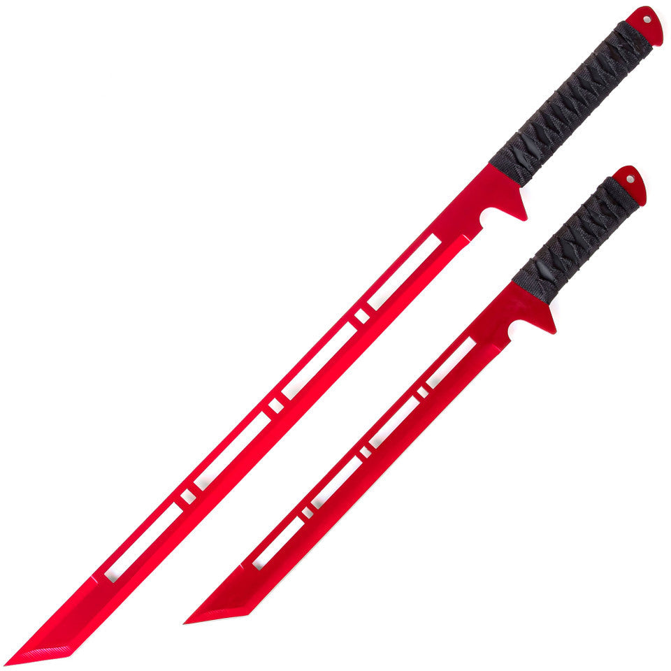 Blood Moon Dual Ninjato Short Sword Set Full Tang Red Cyberpunk Swords