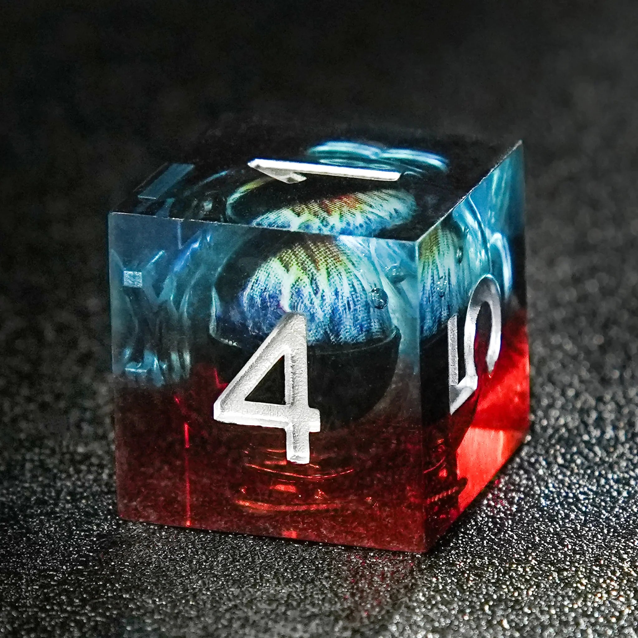 Blue and Red Transparent Liquid Core Dragon Eye Resin DND Dice Set + Silver Numbers
