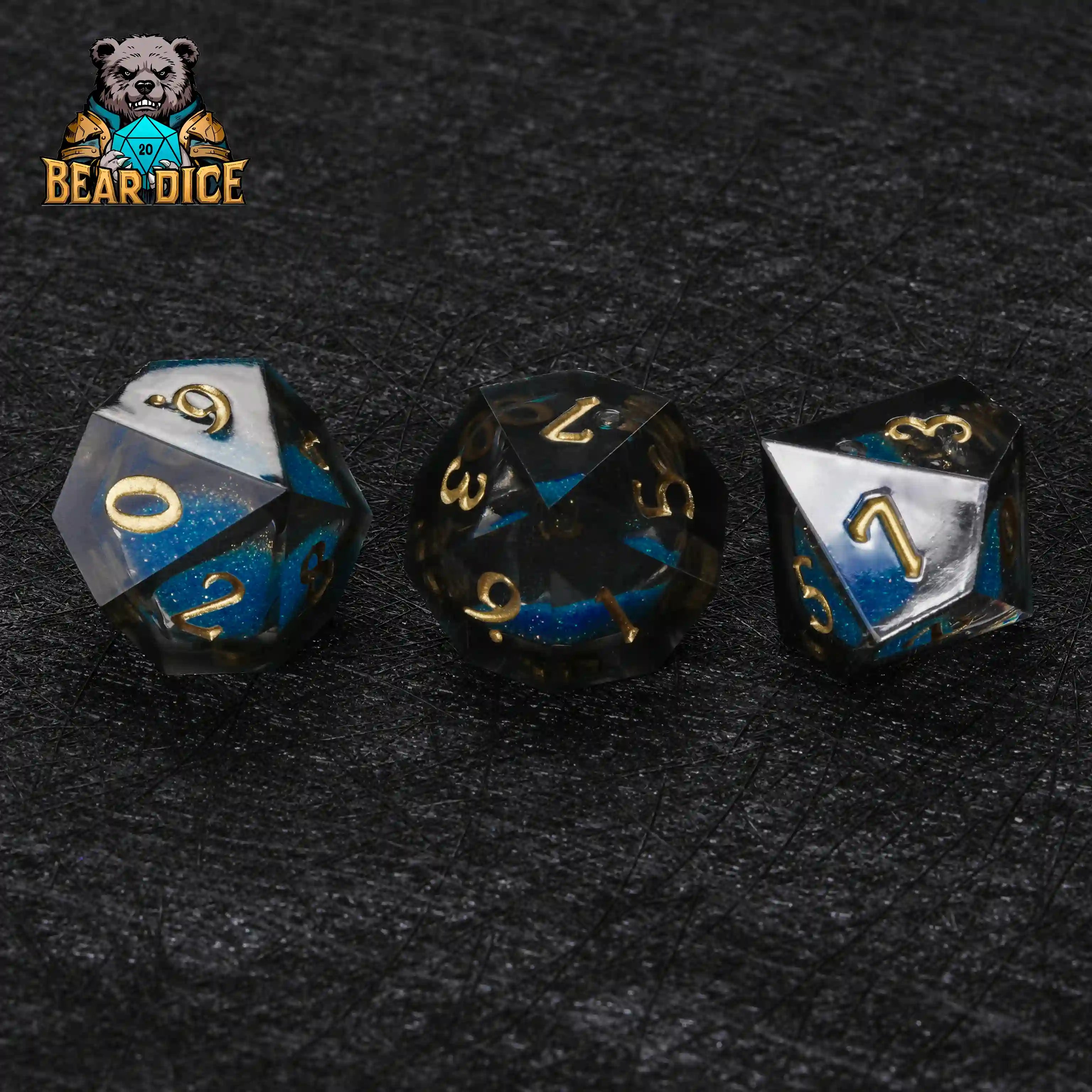 Blue Liquid Core Resin D10 Dice Set + Gold Numerals (D10 Dice)