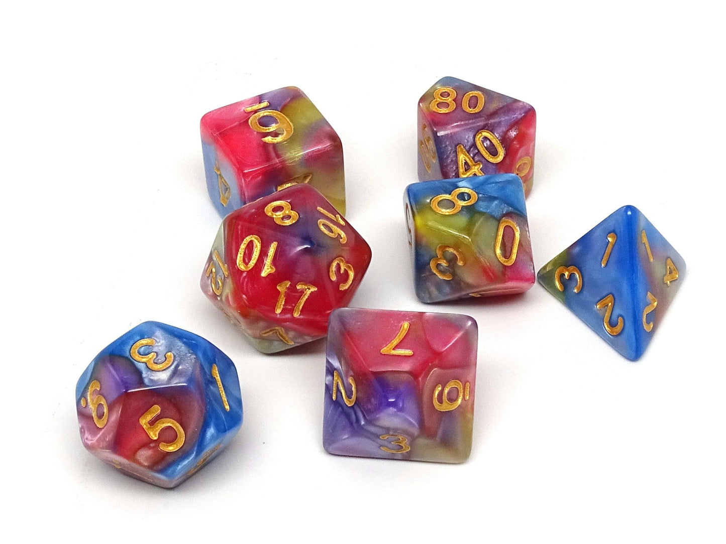 Blue, Pink, and Yellow Marble Dice Collection - 7 Piece Set