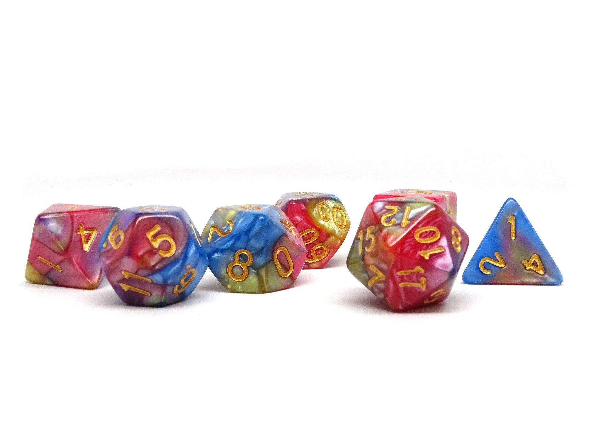 Blue, Pink, and Yellow Marble Dice Collection - 7 Piece Set