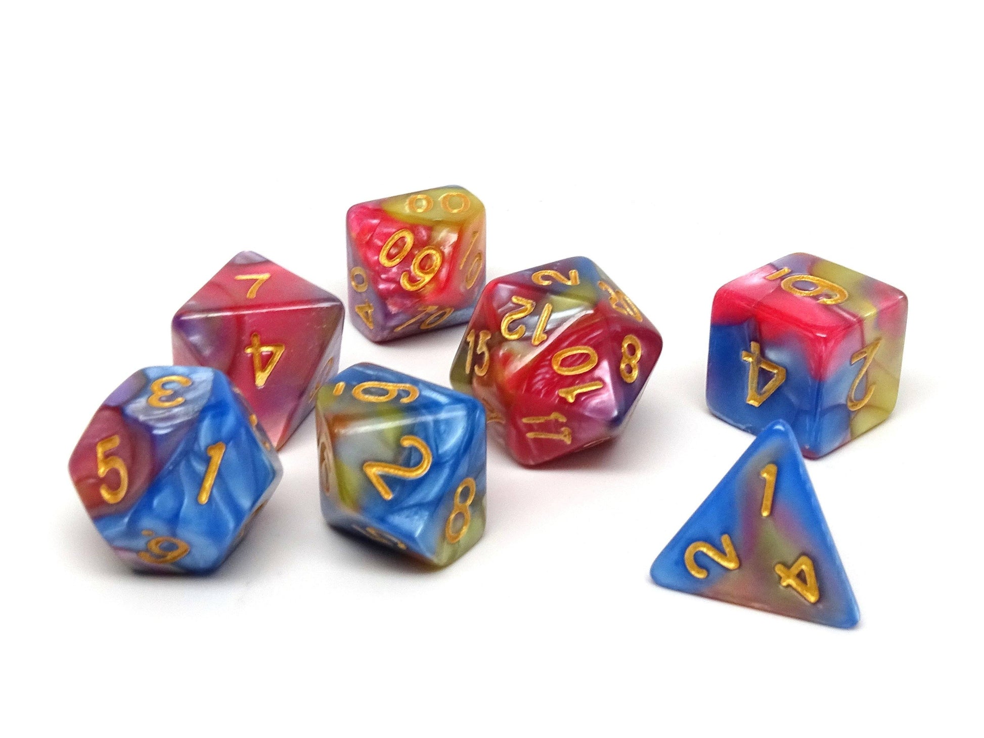 Blue, Pink, and Yellow Marble Dice Collection - 7 Piece Set