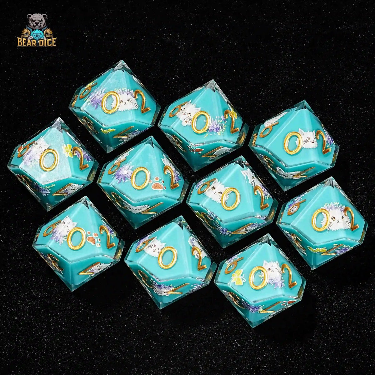 Blue Solid Resin D10 Dice - Cute Kitty Cat DND 10 Sided Dice