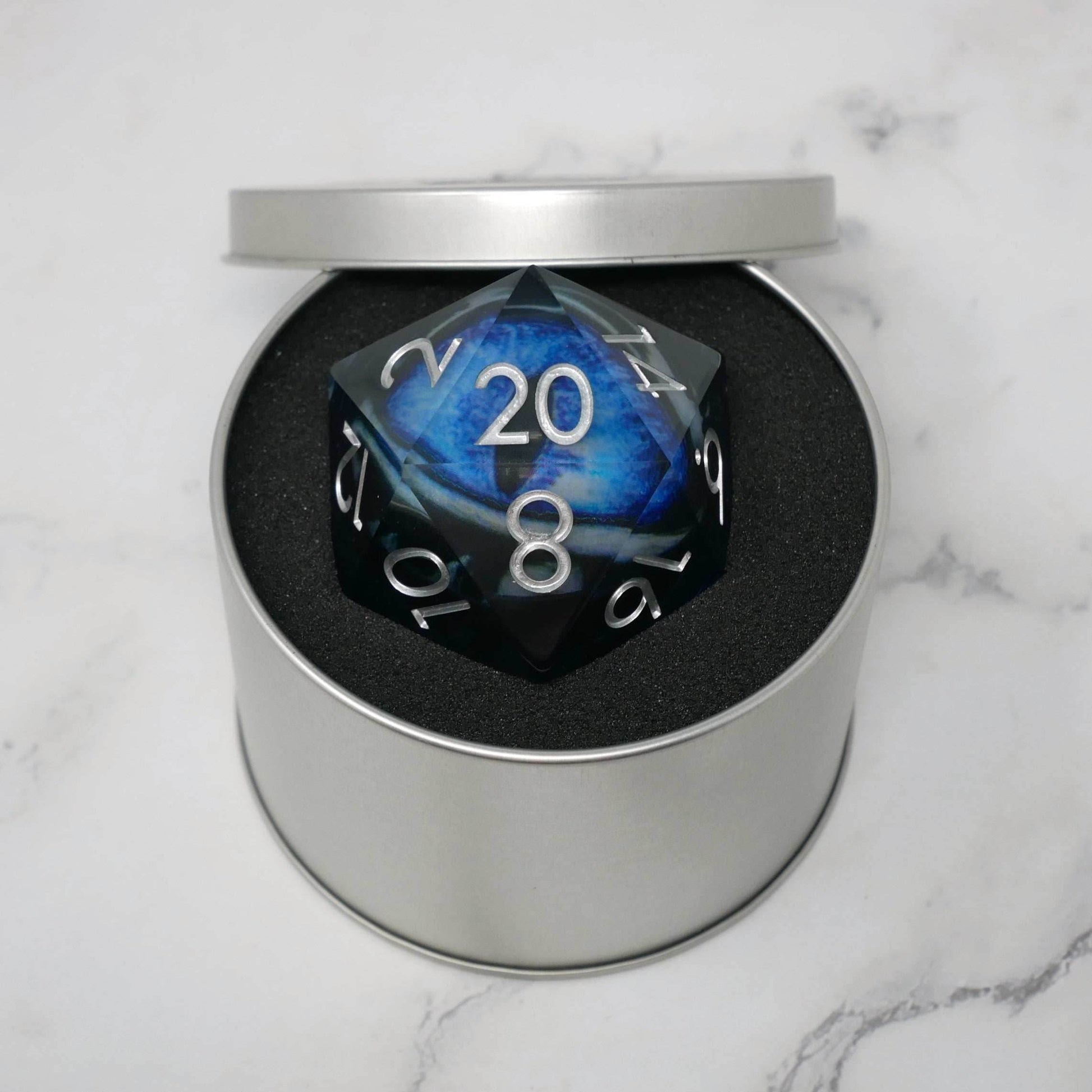 Blue Slaadi's Eye - Giant D20 Moving Eye DnD Dice | Acrylic RPG Gaming Dice - Superchonk 50mm