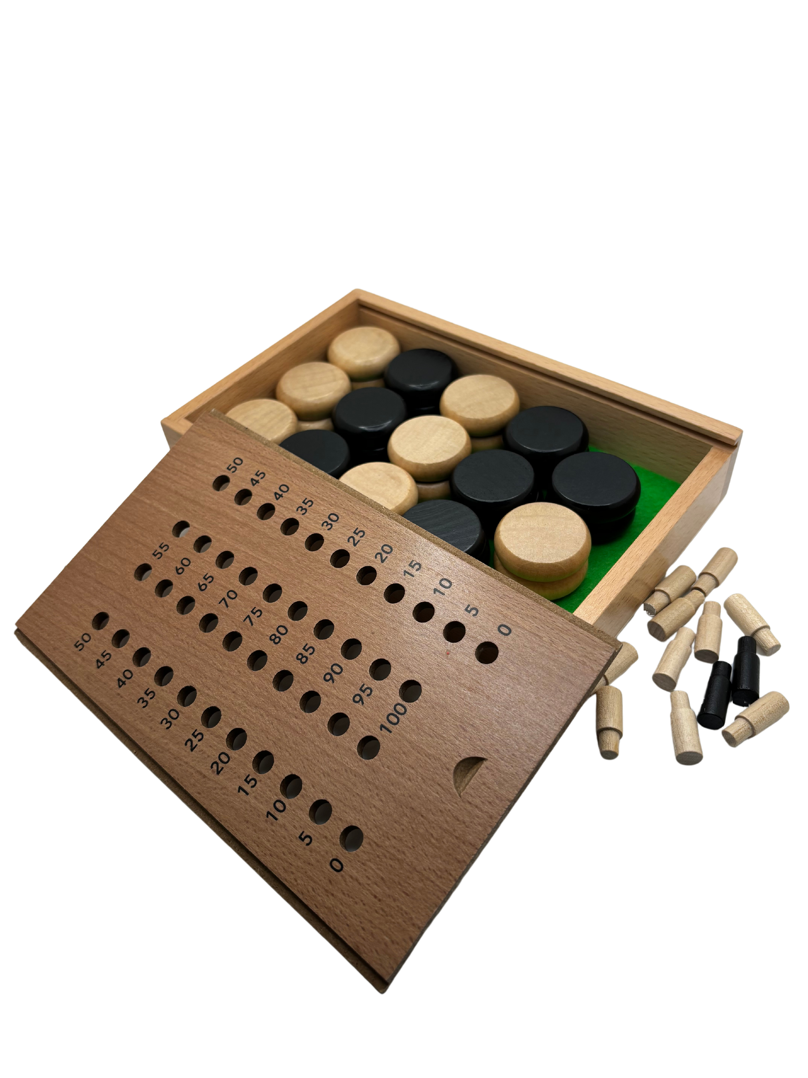 Magnetic Clasp Storage Box With  2 Pegs; Scoring Track for Std Crokinole + 28 discs (2024 Version)