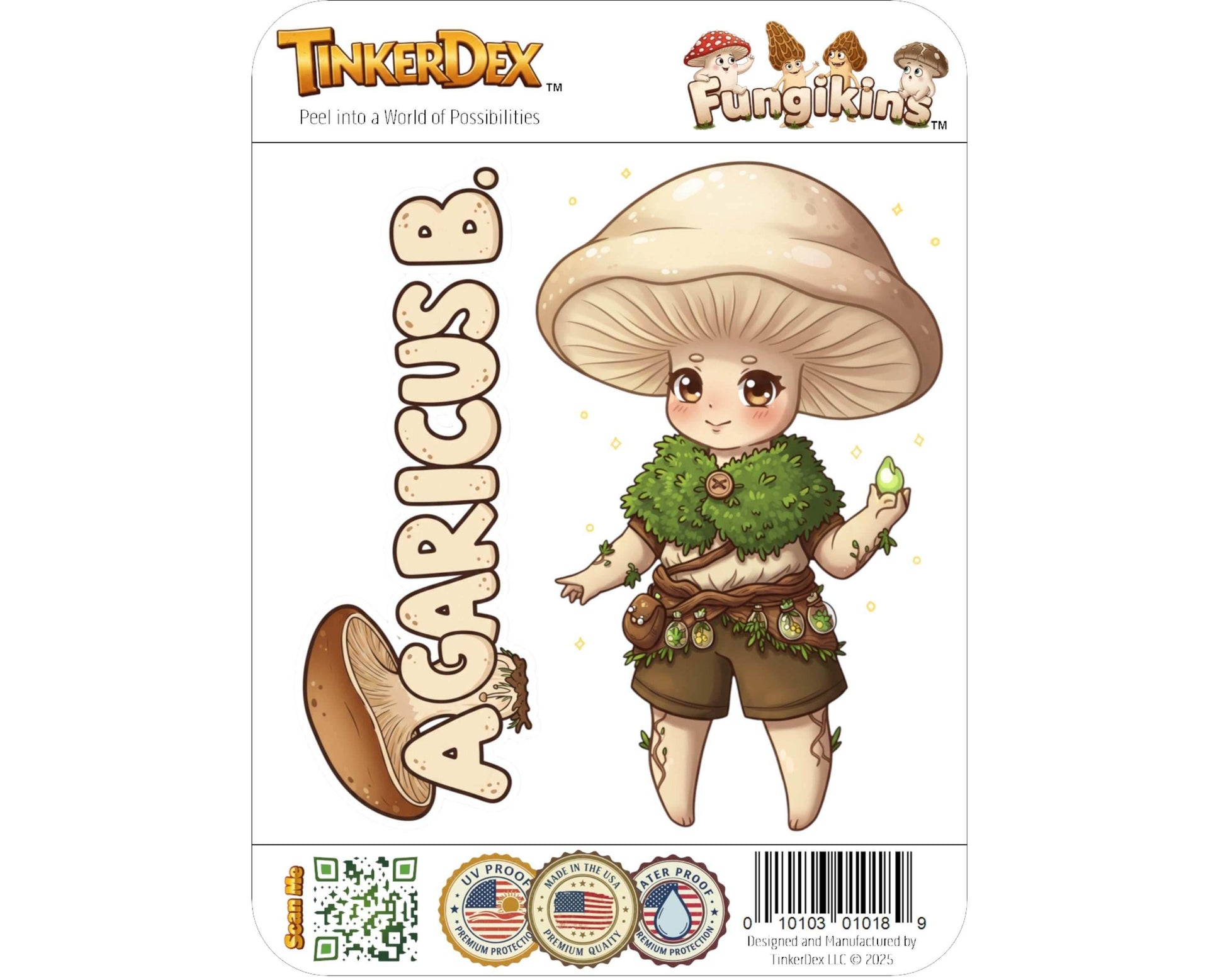 Agaricus B. Sticker and Magnet - Friendly Forager Fungikins™ – Mushroom Person Art | Waterproof & UV-Proof - Sticker / Mini