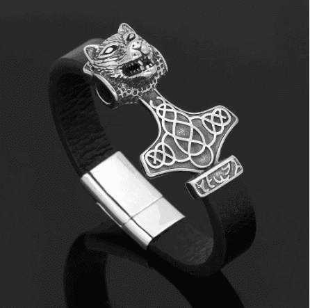 Vikings Wolf Head in Mjolnir Leather Bracelet - 