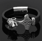 Vikings Wolf Head in Mjolnir Leather Bracelet - 