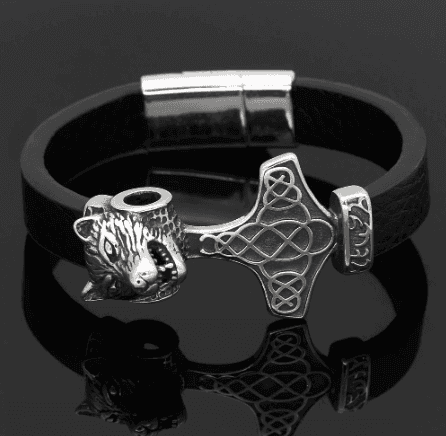 Vikings Wolf Head in Mjolnir Leather Bracelet - 