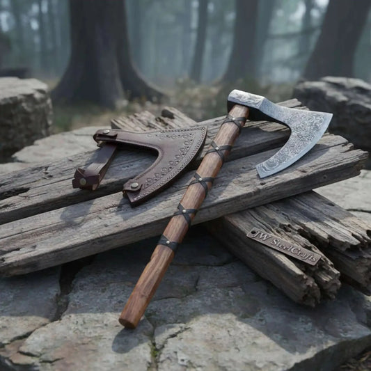 Viking-Style Skeggøx Bearded Damascus Camp Axe with Wrapped Hardwood Shaft and Leather Sheath