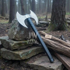 Handcrafted Double-Headed Decorative Axe featuring Nordic-style Engravings and Cord-wrapped Grip