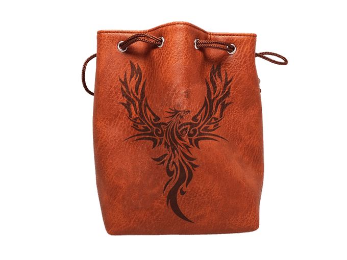 Brown Leather Lite Phoenix Design Self-Standing Large Dice Bag