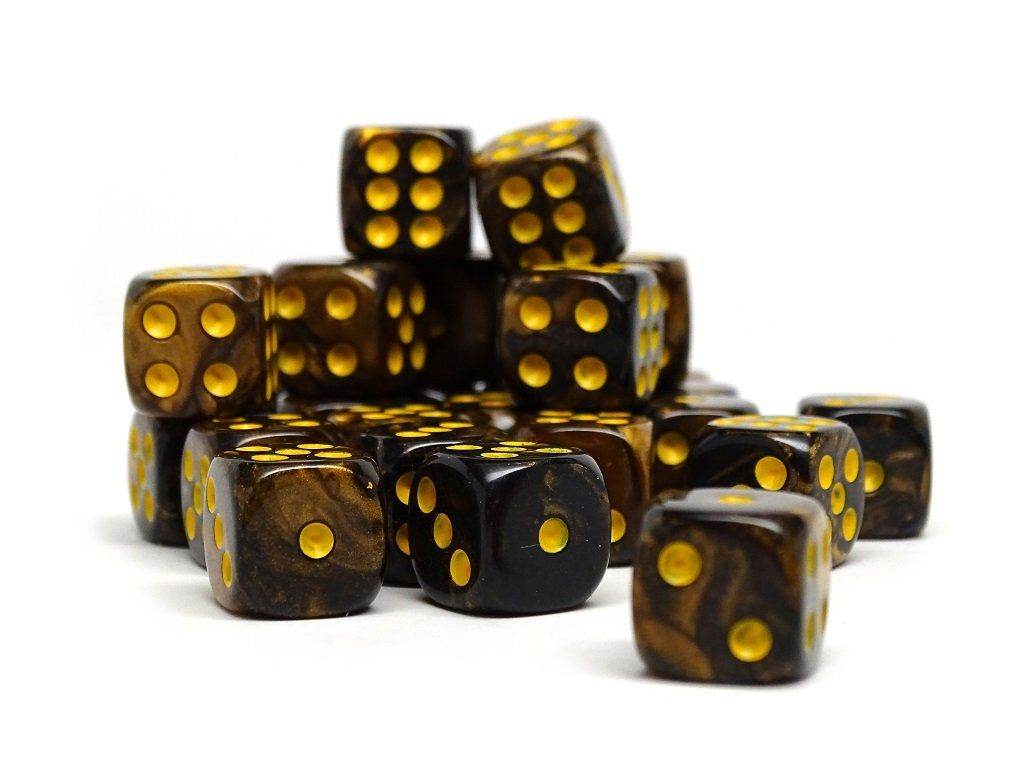 12mm D6 Dice - Yellow and Black Granite - 25 Count Bag - 