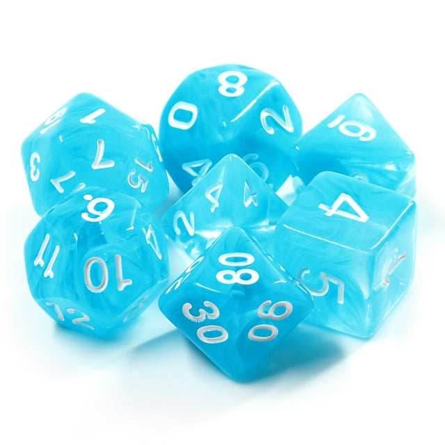 Sky Blue Swirl with White Numbering 7-Dice Set RPG - 