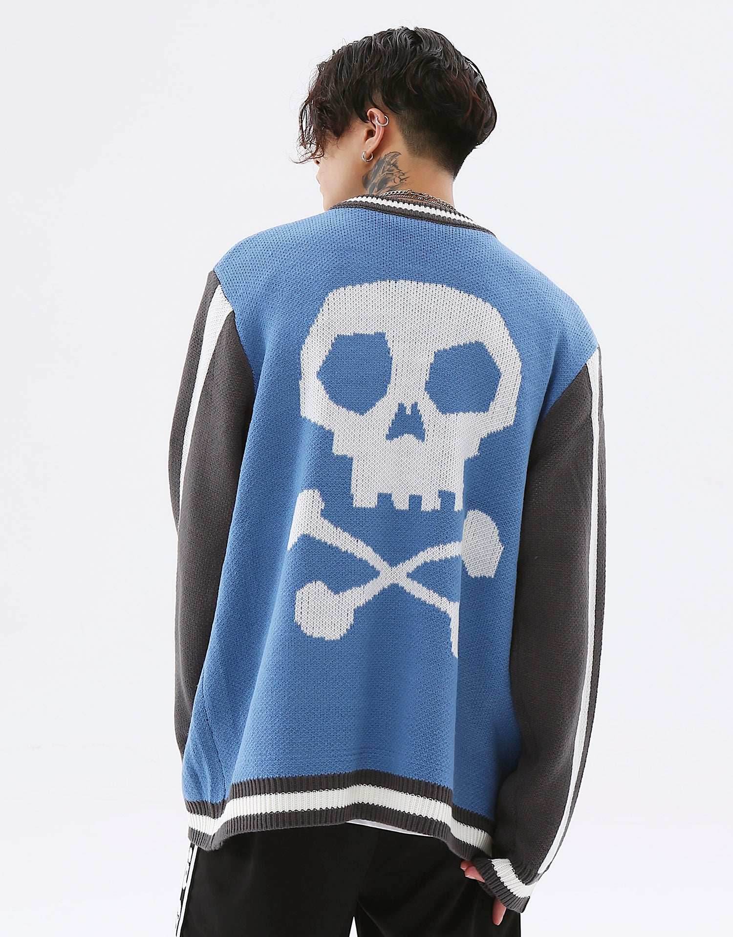 Easy Skull Knit Bomber Jacket - Blue / M