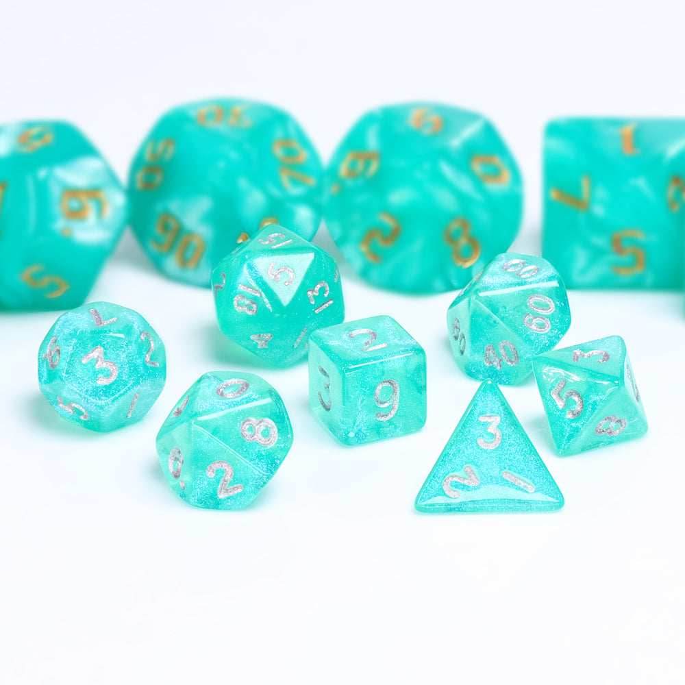 Glitter Teal 7-Dice Mini-Dice RPG Set w/Silver Numbers Miniature Dice - 