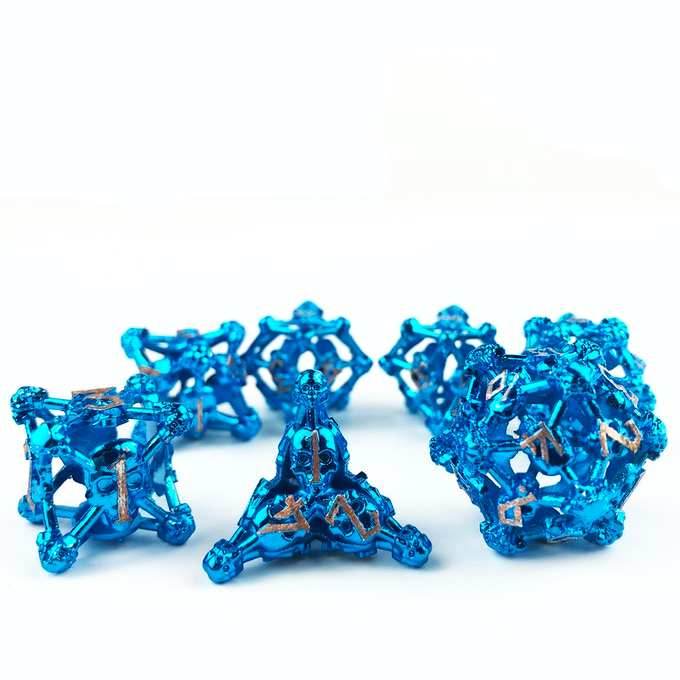 Blue w/Copper Deadly Skull Dice Hollow Metal 7-Dice Set - 7-Dice Set