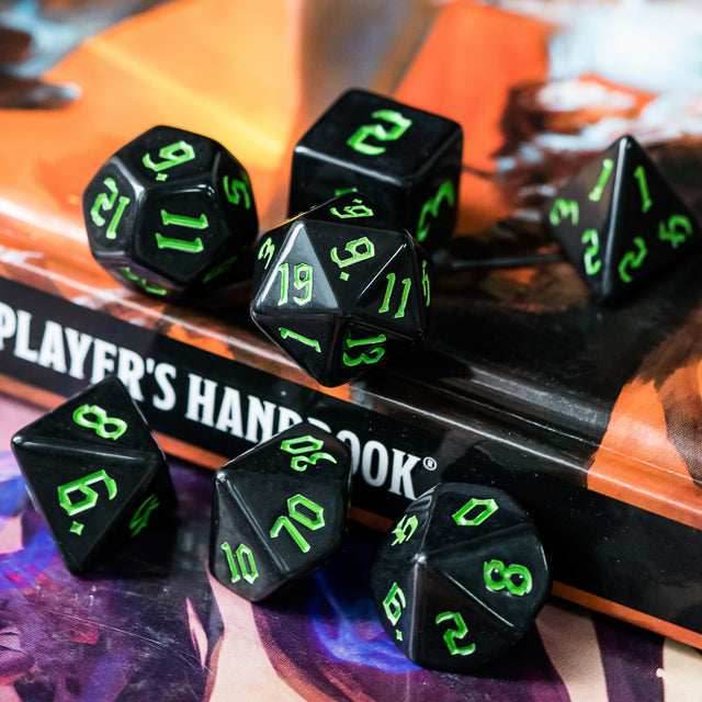 Economy Black Dice (Green font) 7-Dice Set RPG DND - 