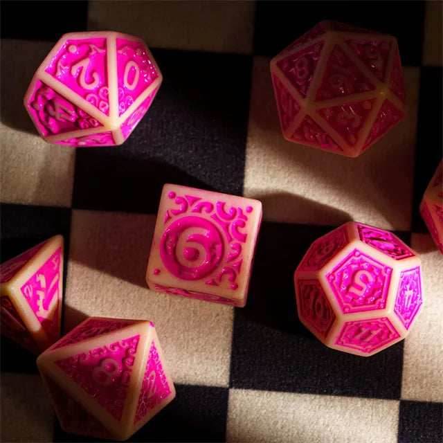 Off-White with Pink Irregular Pattern Fill: 7-Piece Acrylic Dice Set - 
