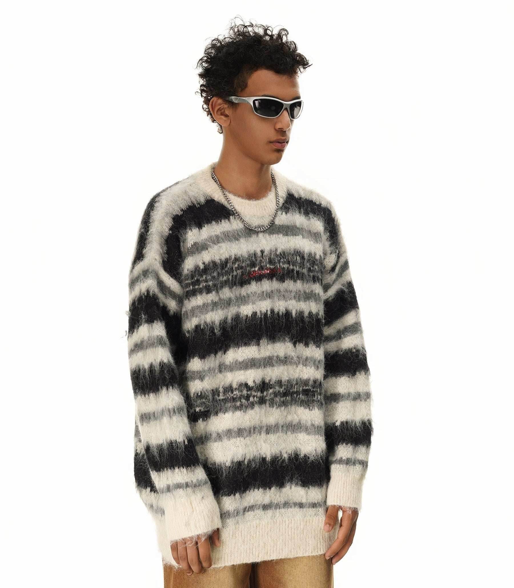 Cream and Black Striped Knit Sweater - S