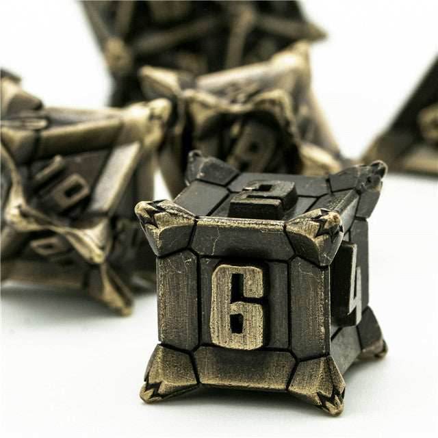Vintage Brass Color Pinwheel Strengthened Metal 7-Dice Set | Metal DND Dice - 