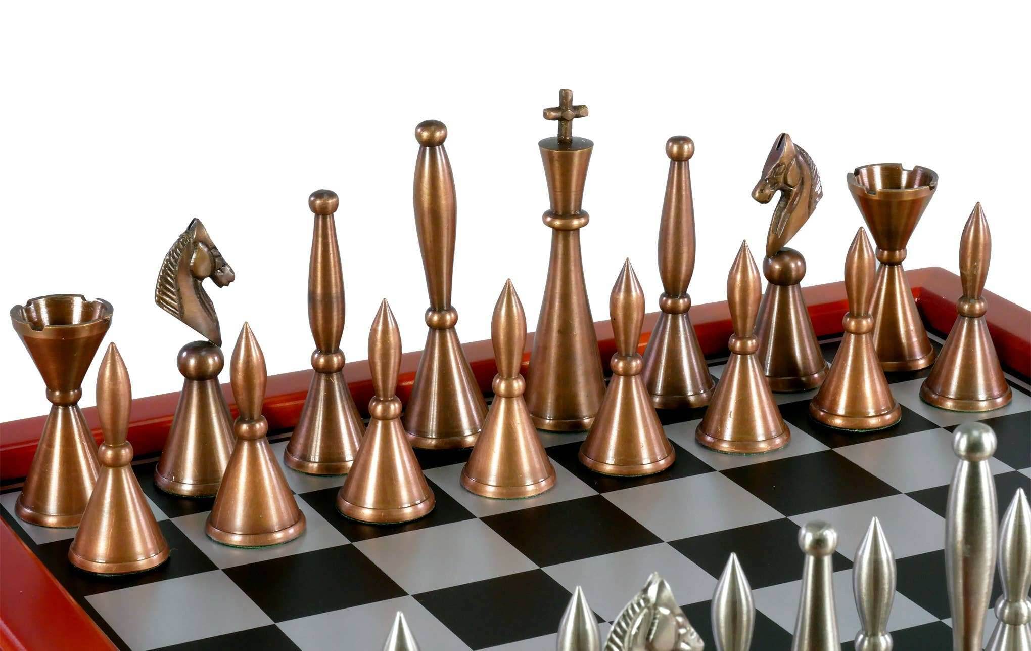 Chess Set - Brass Art Deco with Cherry Stained Chest - 