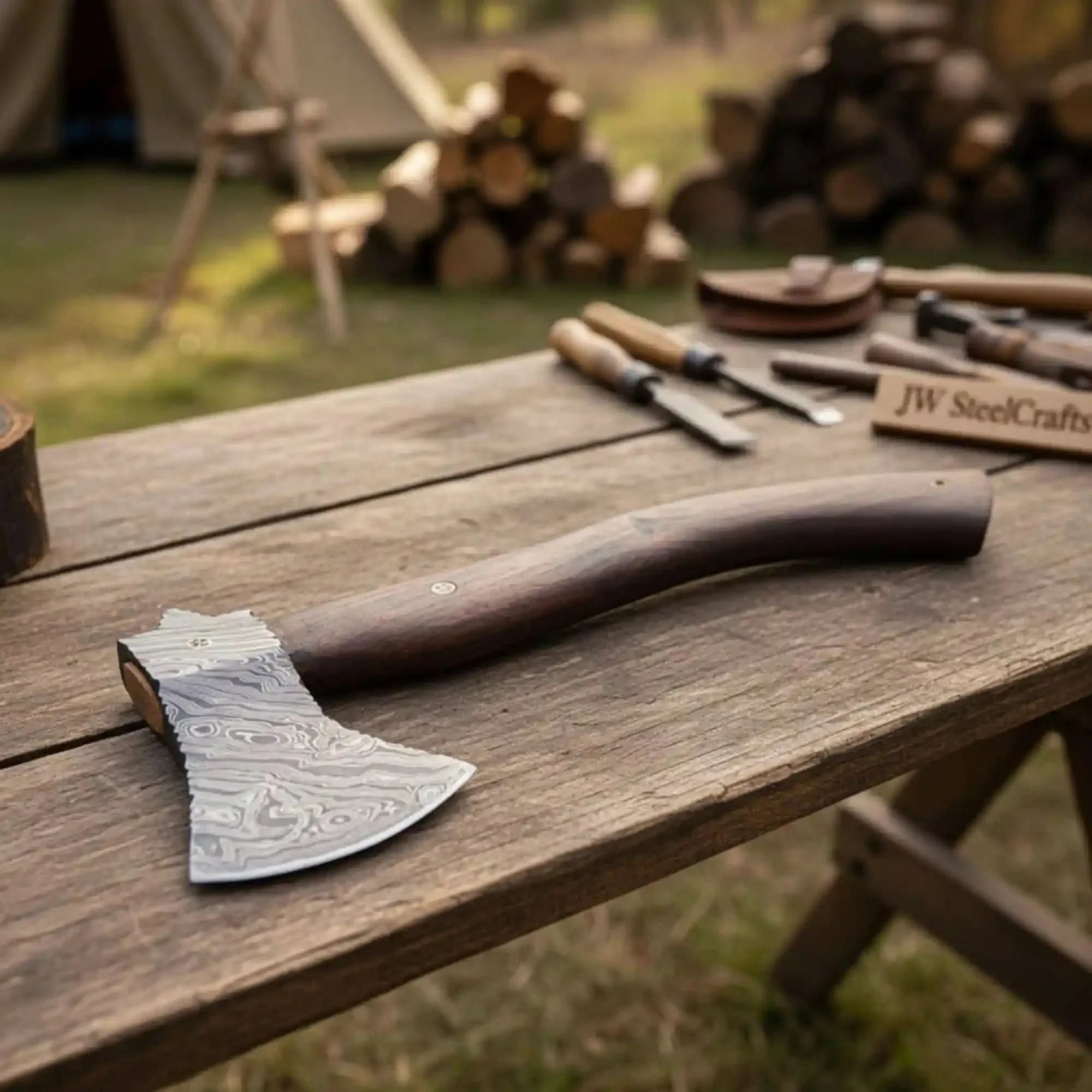 Damascus Camp Axe with Mosaic Pin, Leather Sheath, 19 Inch Rosewood Handle