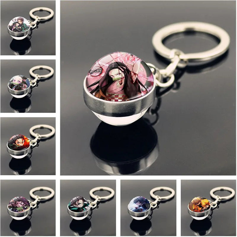 Cartoon Demon Slayer Keychain Kamado Nezuko Kanroji Mitsuri Tsuyuri Kanawo Double Sided Glass Ball Pendant Backpack Keychains