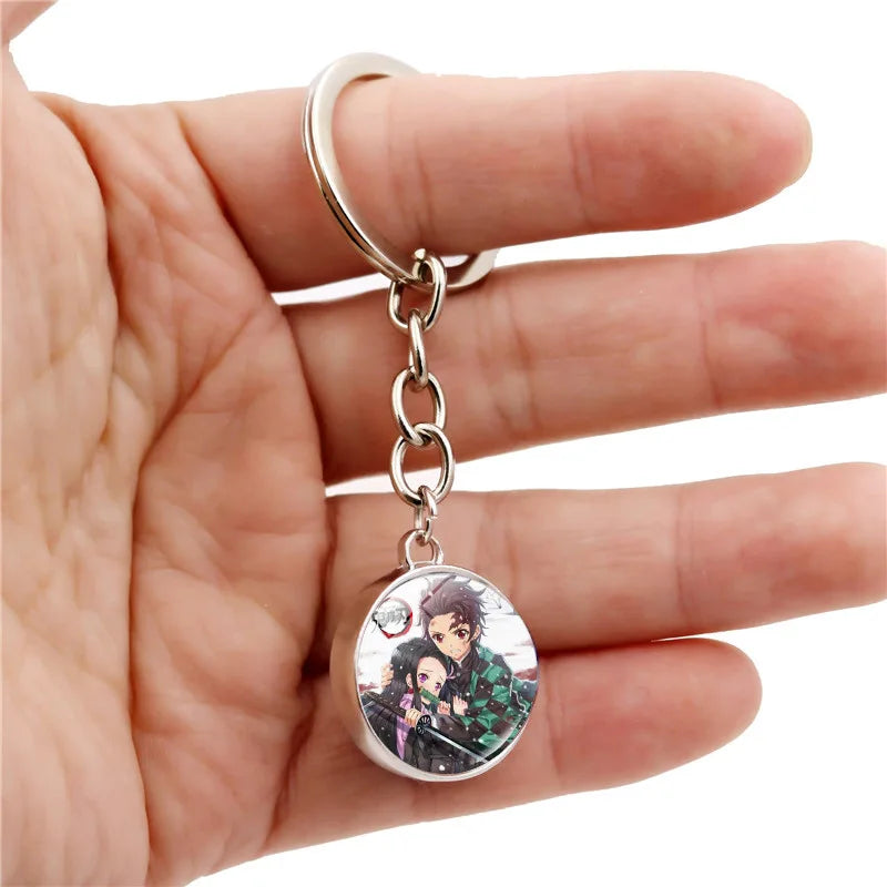 Cartoon Demon Slayer Keychain Kamado Nezuko Kanroji Mitsuri Tsuyuri Kanawo Double Sided Glass Ball Pendant Backpack Keychains