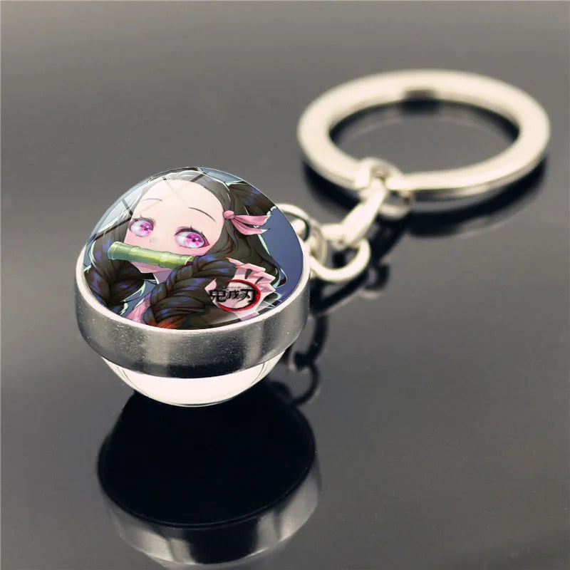 Cartoon Demon Slayer Keychain Kamado Nezuko Kanroji Mitsuri Tsuyuri Kanawo Double Sided Glass Ball Pendant Backpack Keychains