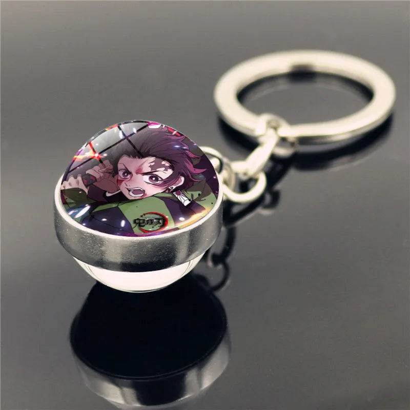 Cartoon Demon Slayer Keychain Kamado Nezuko Kanroji Mitsuri Tsuyuri Kanawo Double Sided Glass Ball Pendant Backpack Keychains