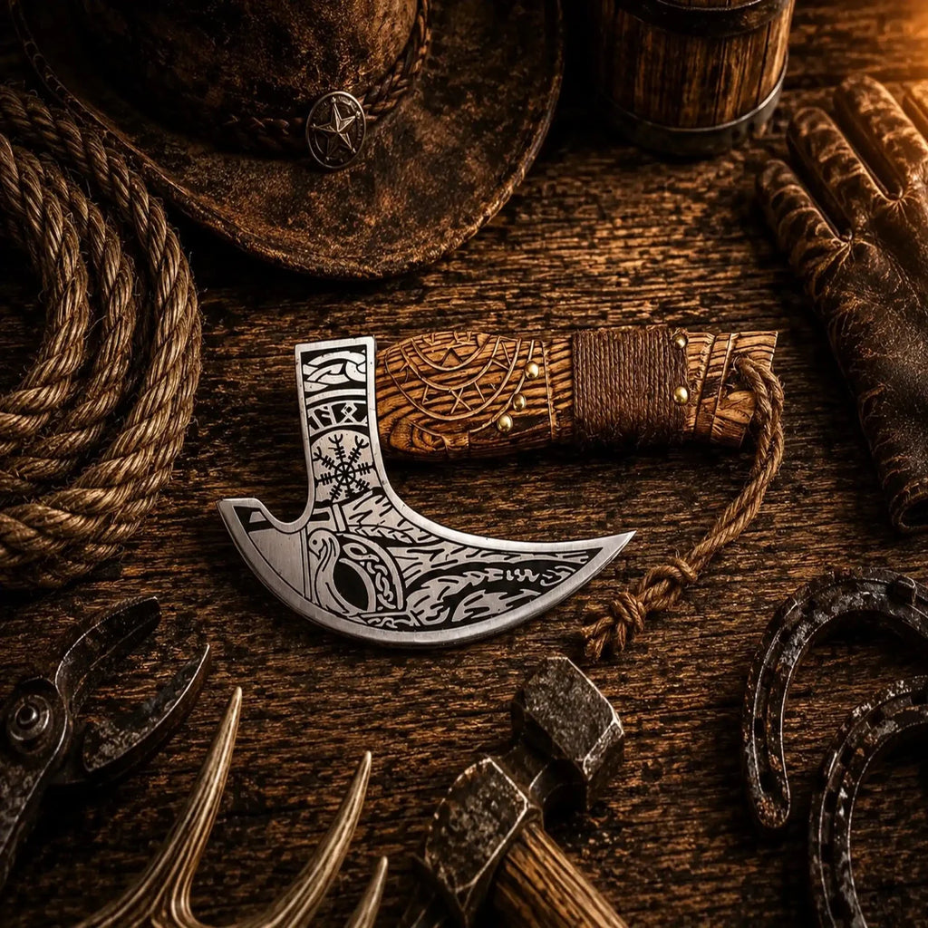 Carved Ash Wood Pizza Axe – D2 Steel Handmade Viking Pizza Cutter