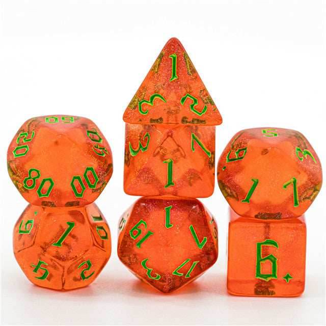 Strawberry Red Glitter Party Glitter Dice (Green font) 7-Dice Set RPG DND - 