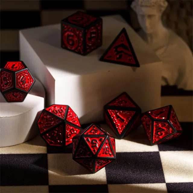 Black with Red Irregular Pattern Fill: 7-Piece Acrylic Dice Set - 