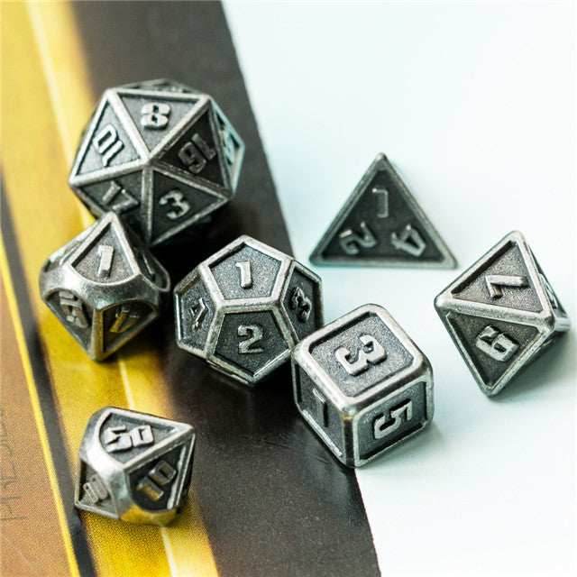 Silver Mini Metal Dice Ancient Effect | (10mm to 15mm) 7-Dice Udixi RPG - 
