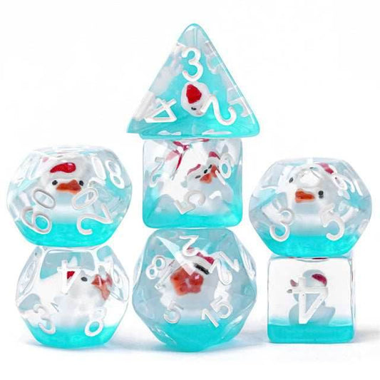 White Duck Red Hat on Blue 7-Dice Set w/White Numbers Dnd Dice Set - 