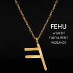 Viking Runes Tunic Stainless Steel Gold Necklaces - FEHU