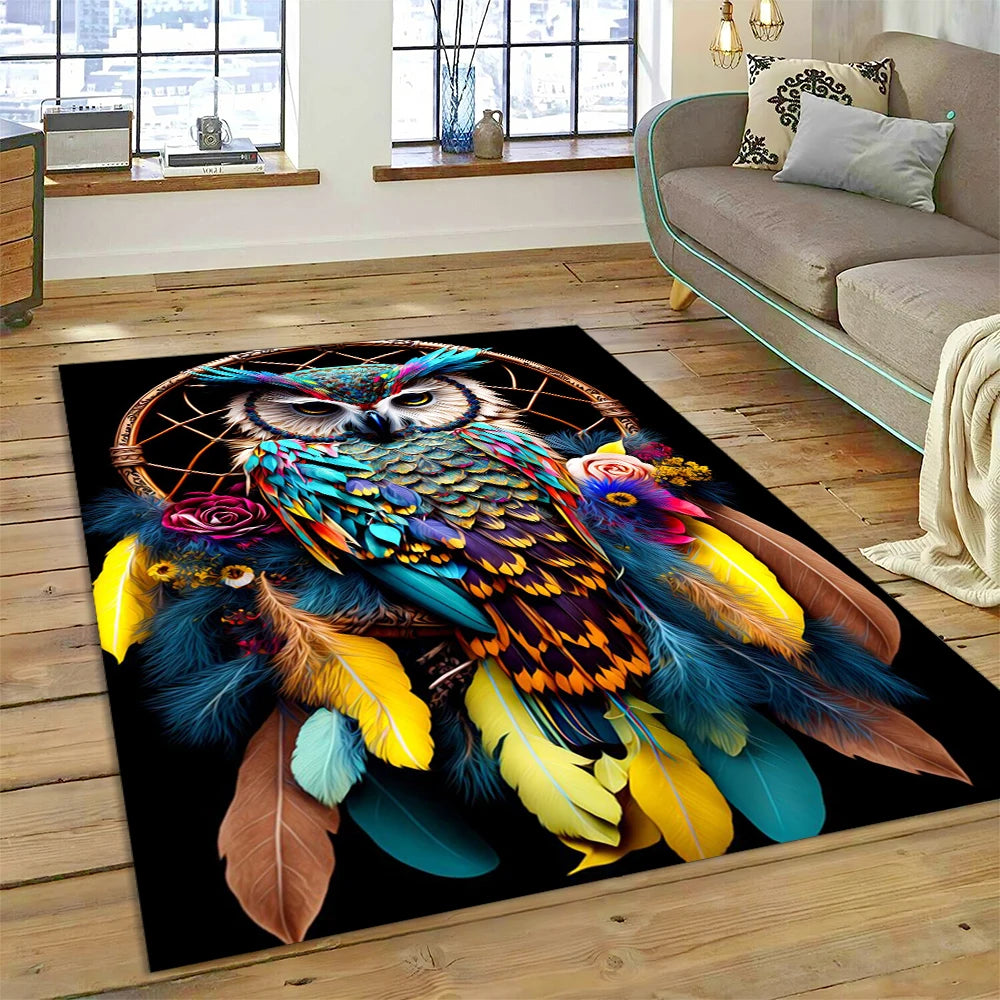 Colourful Cute Owl Cartoon Birds Carpet Rug for Home Living Room Bedroom Sofa Doormat Decor,Kid Play Area Rug Non-slip Floor Mat