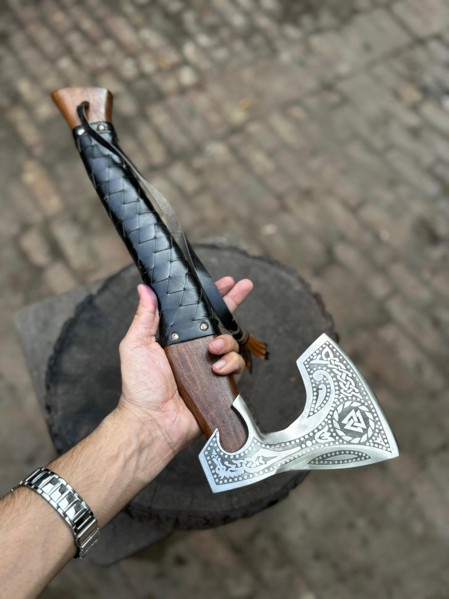 Viking Axe with Leather Wrapped Handle & Engraved Head – JW SteelCrafts