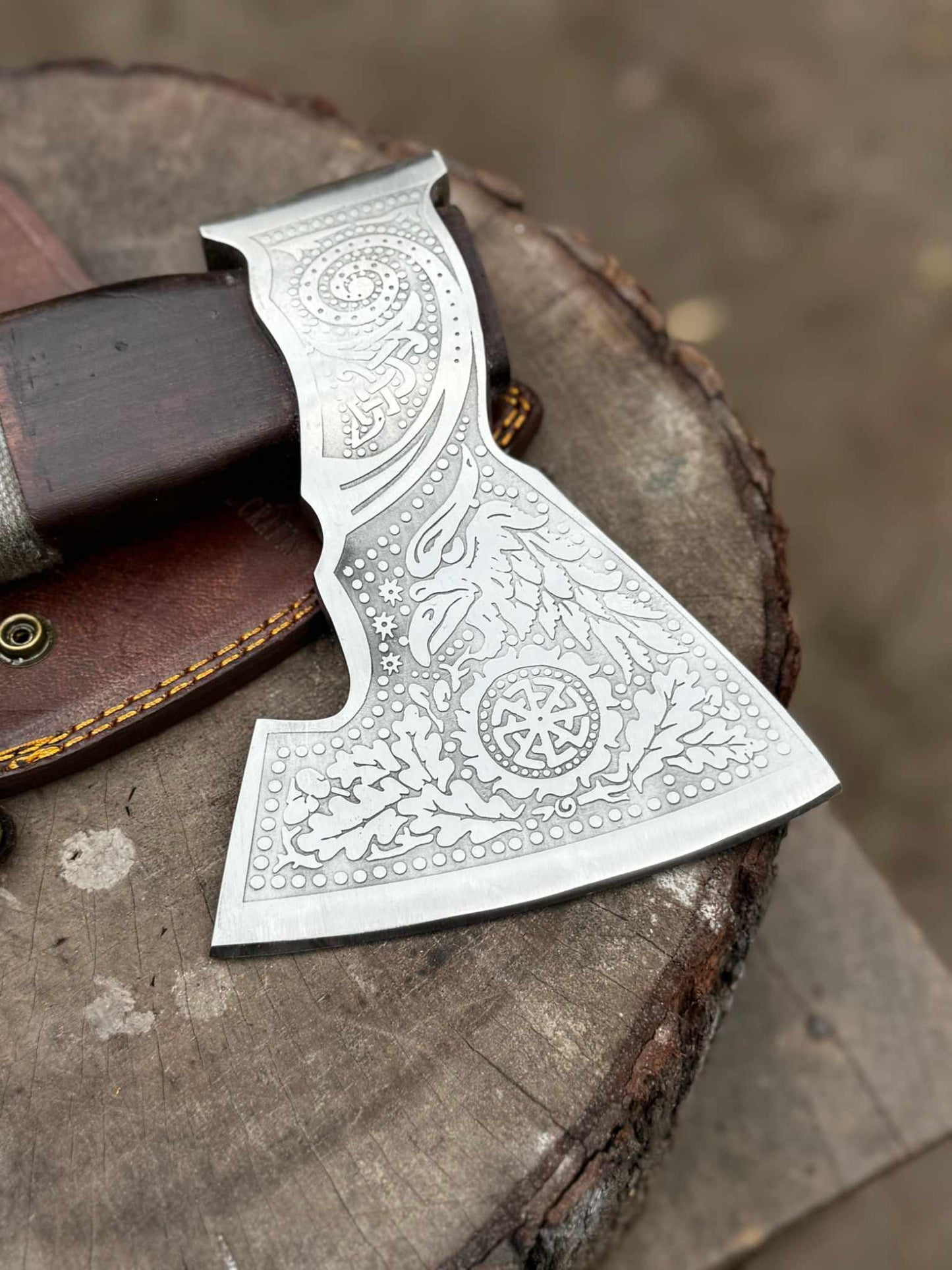 Viking Bearded Axe with Norse Engraved Blade and Leather Sheath