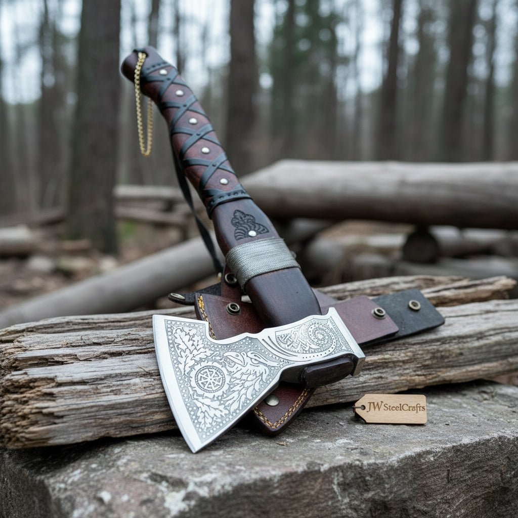 Viking Bearded Axe with Norse Engraved Blade and Leather Sheath
