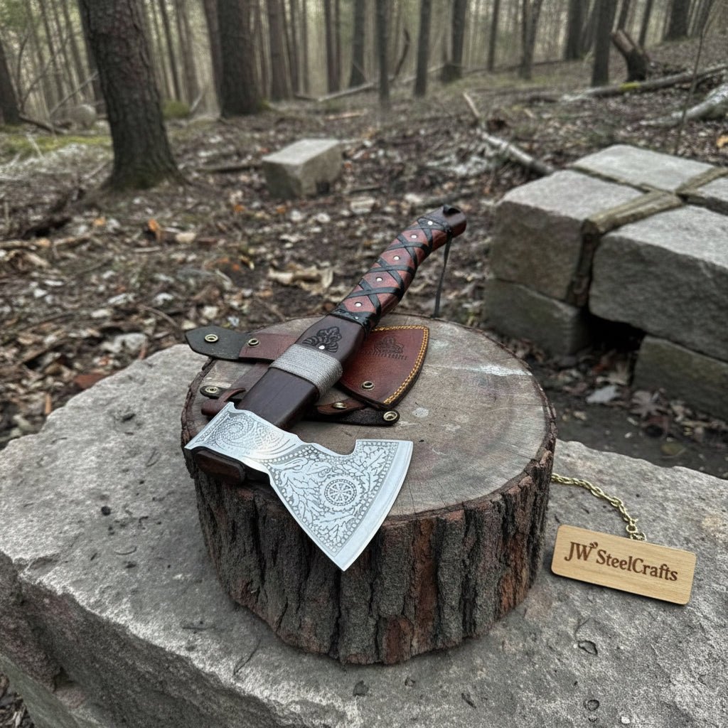 Viking Bearded Axe with Norse Engraved Blade and Leather Sheath