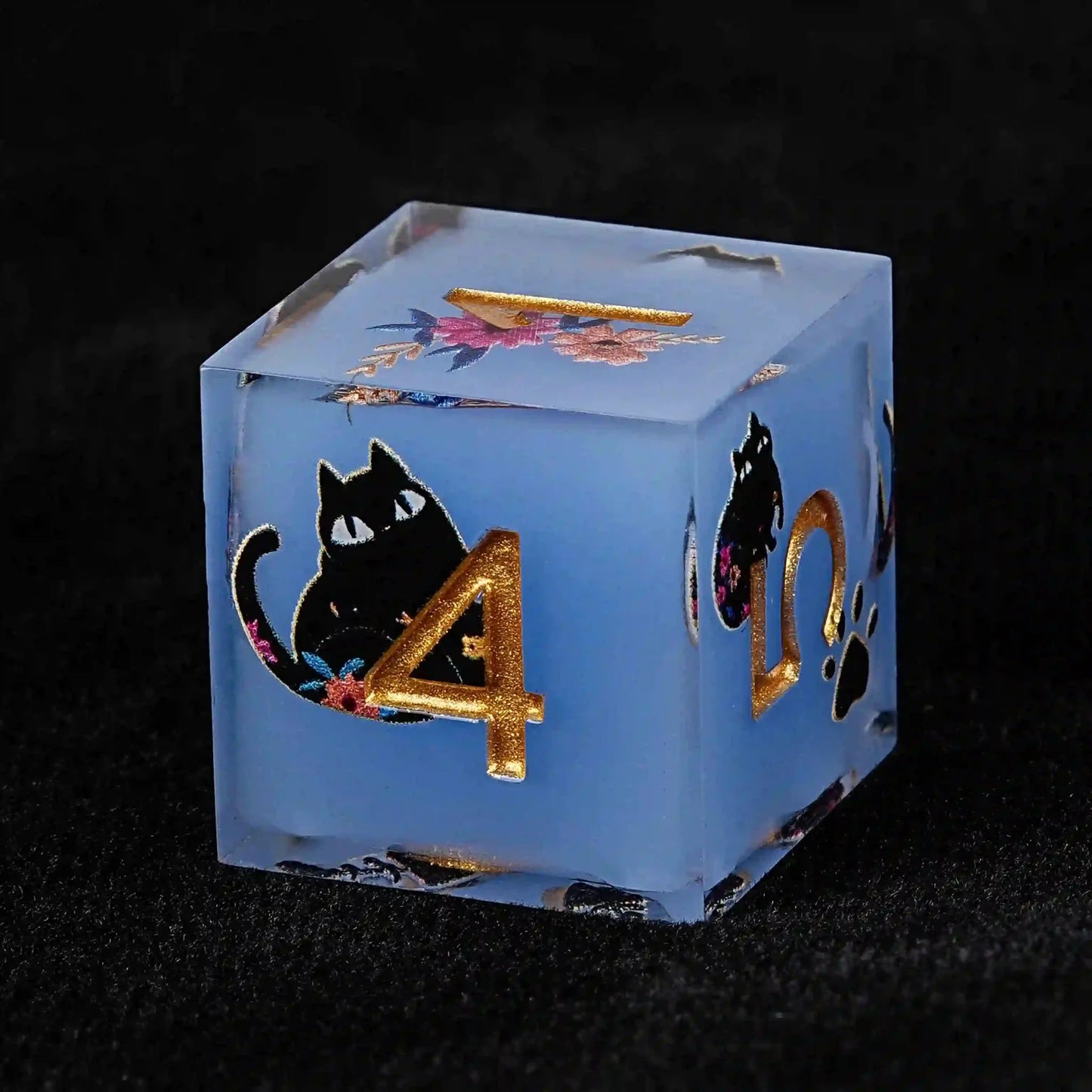 Cool dice sets: 7 gold font polyhedron dnd black cat resin dice